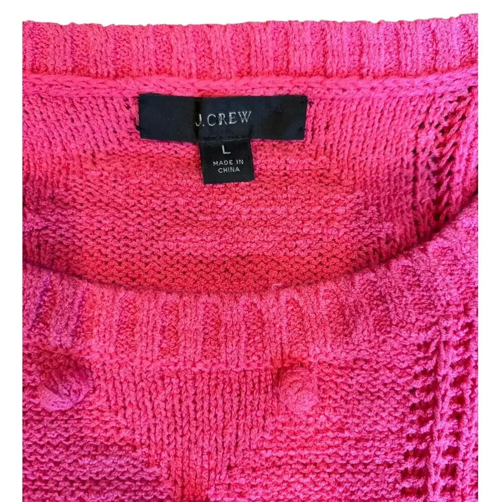 J. CREW Women's Short Sleeve Pointelle Sweater LARGE Pink Bobble Pom Open Knit